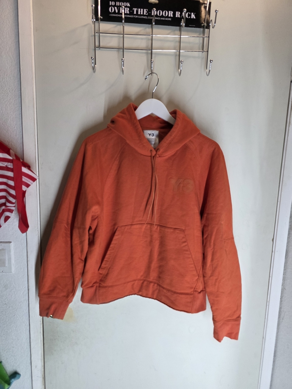Y-3 Womens Logo Hoodie Sweatshirt Solid Orange Long Sleeve Pockets Cotton